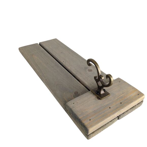 Rustic Wood Slat Wall Hook Hat Coat Rack 18x7" Gray Wash, Brass Double Scroll - Picture 5 of 7